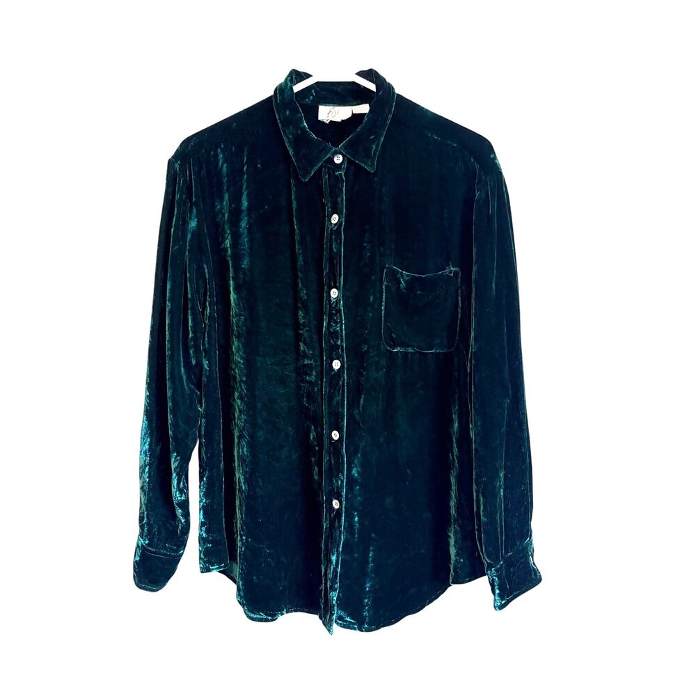 Vintage Fiji Silk Blend Velvet Button Down Shirt Green Long Sleeve Large Y2k